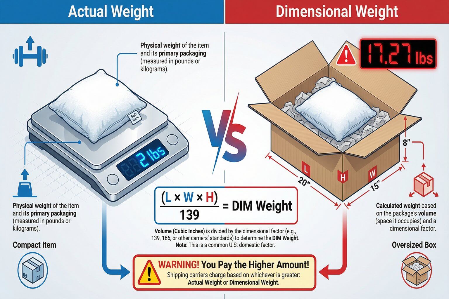 A diagram comparing the low actual weight of a product to its high dimensional weight due to bulky packaging, illustrating the concept of DIM weight penalty.