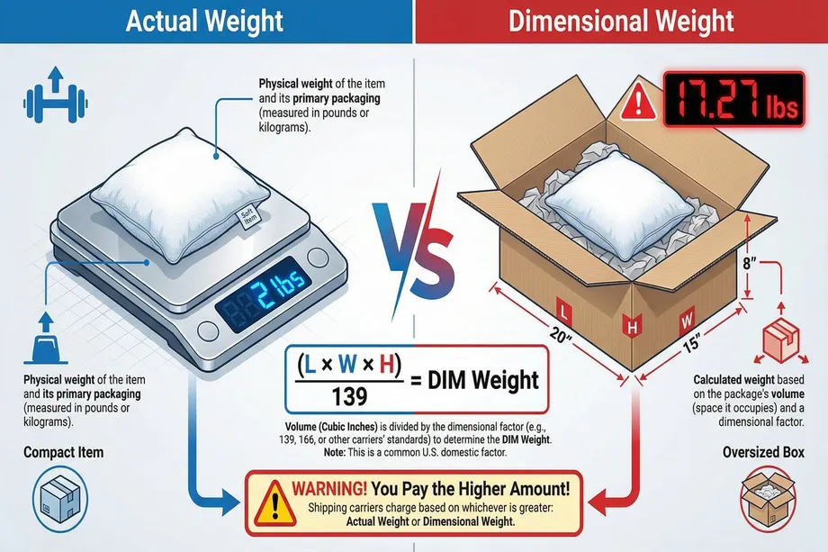 Side-by-side comparison of actual weight (2 lbs on a scale) versus dimensional weight (17.27 lbs for a 20