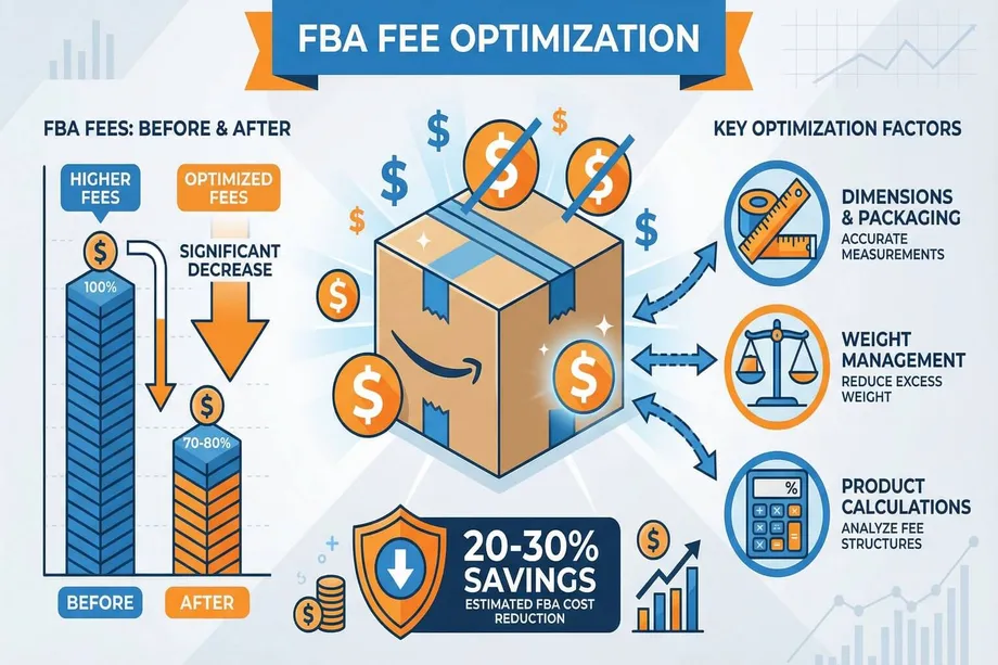 FBA fee optimization infographic showing fees reduced from 100% to 70–80% after optimization, with estimated 20–30% cost savings, driven by three key factors: accurate dimensions and packaging, weight management, and product fee structure calculations.