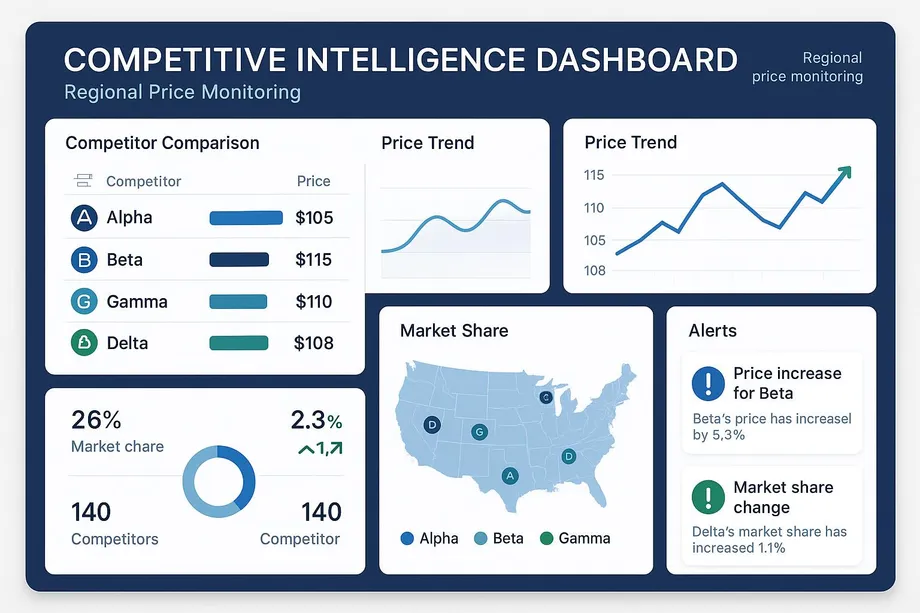 Illustration of a Competitive Intelligence Dashboard for regional price monitoring, displaying competitor prices (Alpha $105, Beta $115, Gamma $110, Delta $108), price trend charts, a US market share map, 26% market share with 140 competitors, and alerts for Beta's 5.3% price increase and Delta's 1.1% market share gain.