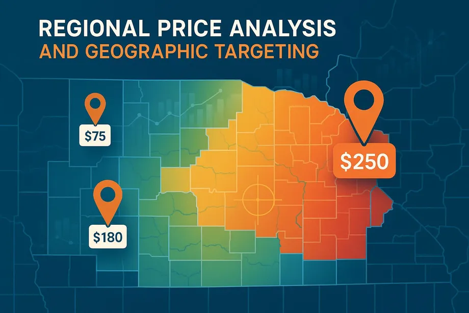 Illustration of a regional price analysis and geographic targeting heat map showing price variations across U.S. regions, with location pins marking three price points: $75 in the west, $180 in the central region, and $250 in the east, using a green-to-red color gradient to indicate pricing intensity.