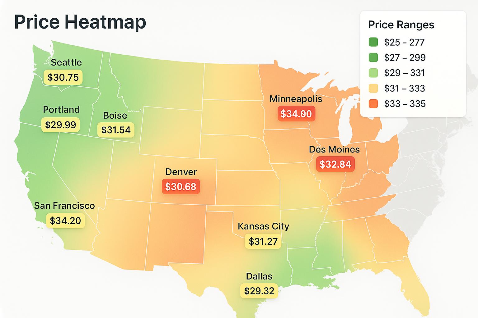Price heatmap showing regional variations across US cities