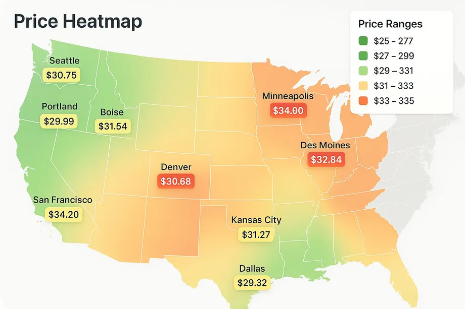 Price heatmap of the United States showing regional product price variations across eight cities: Seattle ($30.75), Portland ($29.99), Boise ($31.54), San Francisco ($34.20), Denver ($30.68), Kansas City ($31.27), Dallas ($29.32), Des Moines ($32.84), and Minneapolis ($34.00), with a green-to-orange color gradient indicating lower to higher price ranges.