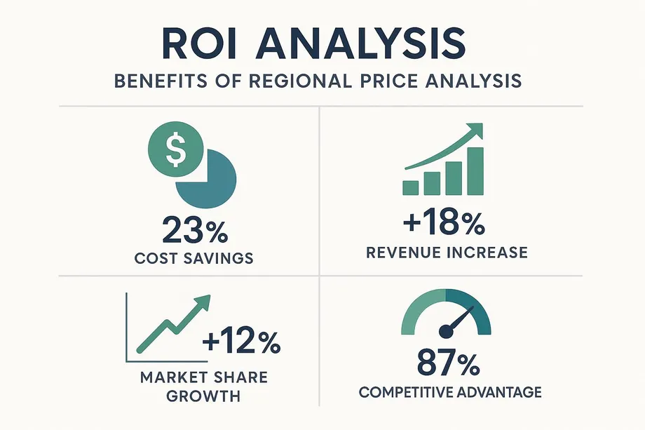 Diagram showing the ROI benefits of regional price analysis across four metrics: 23% cost savings, +18% revenue increase, +12% market share growth, and 87% competitive advantage score.