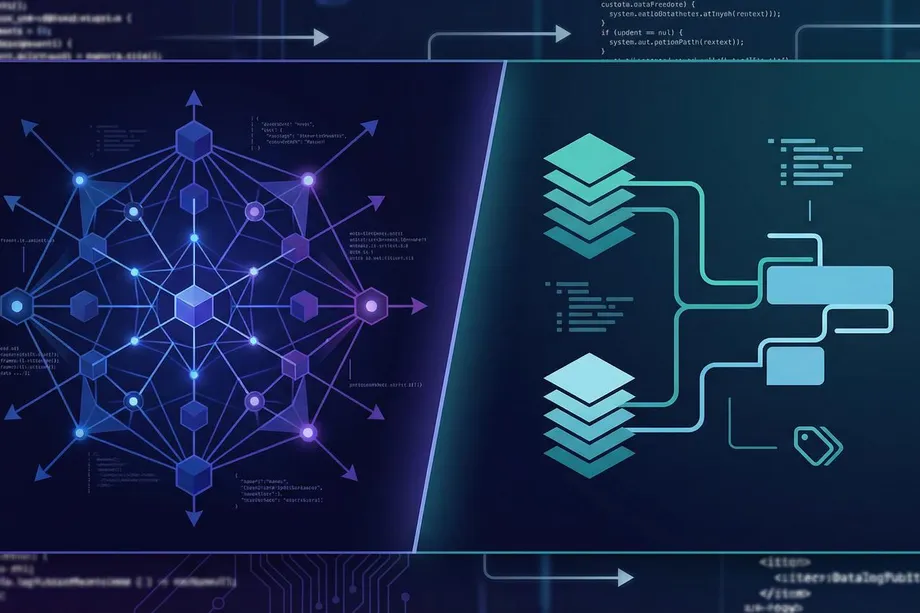 Split illustration contrasting a glowing neural network graph with interconnected hexagonal nodes on the left against a structured data pipeline with layered schemas and categorized outputs on the right, representing machine learning data processing architecture.