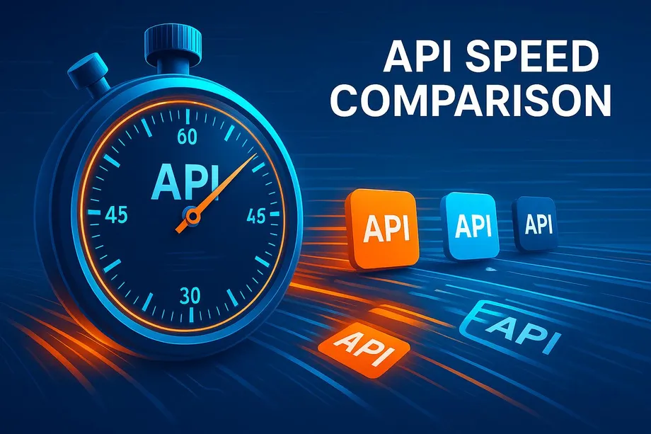 Illustration of an API speed comparison showing a stopwatch with multiple colored API blocks racing at different speeds on motion-blur tracks, representing performance differences between competing API providers.