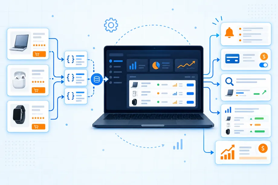 A modern navy seller-app dashboard sits between structured Amazon product and offer cards on the left and a clear paid workflow on the right. Easyparser blue data paths and orange decision signals show how raw marketplace records become a focused customer-facing product.