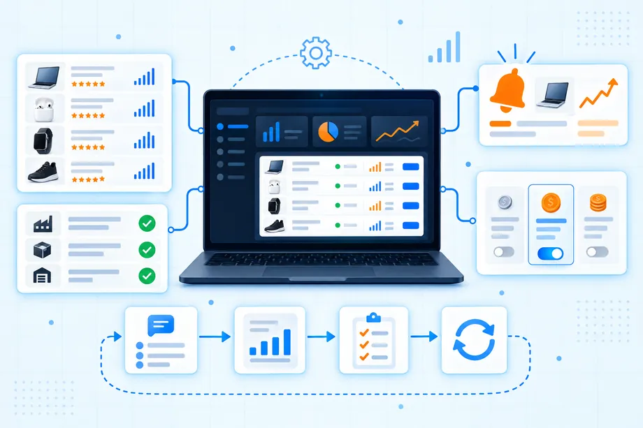 Navy Amazon seller app dashboard with a product watchlist, offer change alert, supplier vetting checklist, and orange review signals for validating a paid marketplace-data workflow.