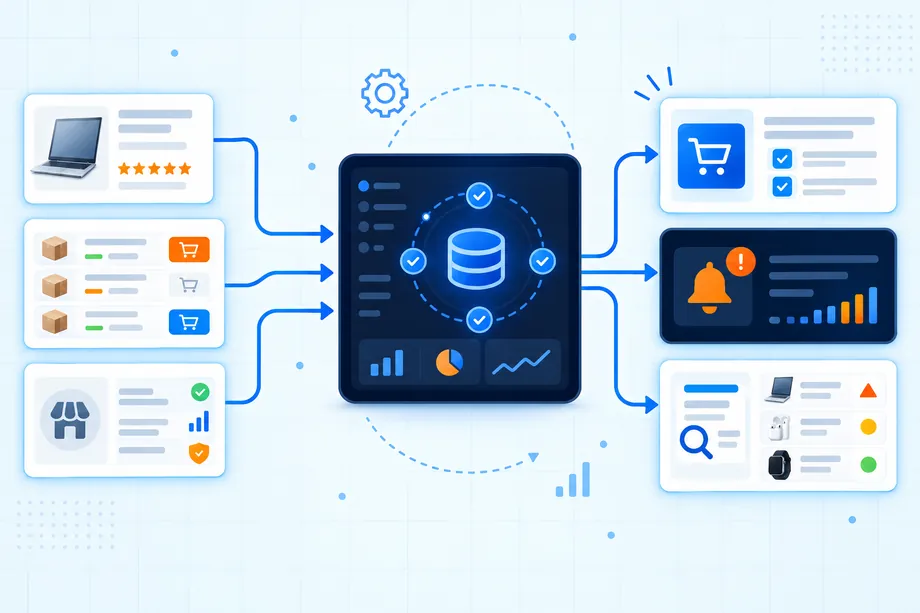 Easyparser data workflow for a paid Amazon seller app, showing product and offer inputs transformed into buyer sourcing briefs, seller monitoring alerts, and review queues.