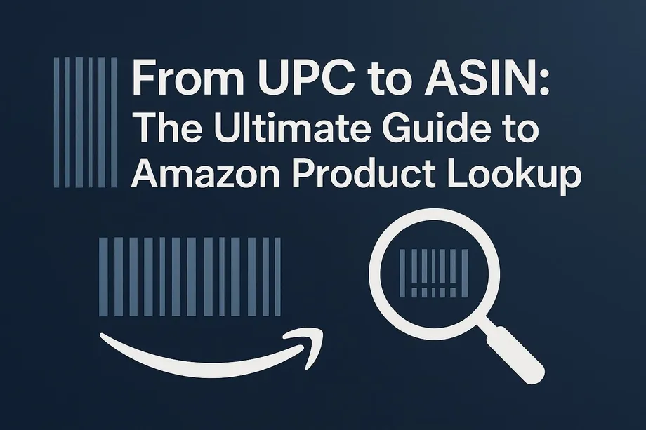 Illustration serving as a cover graphic for a guide titled "From UPC to ASIN: The Ultimate Guide to Amazon Product Lookup," featuring a UPC barcode with the Amazon arrow logo and a magnifying glass examining a barcode.