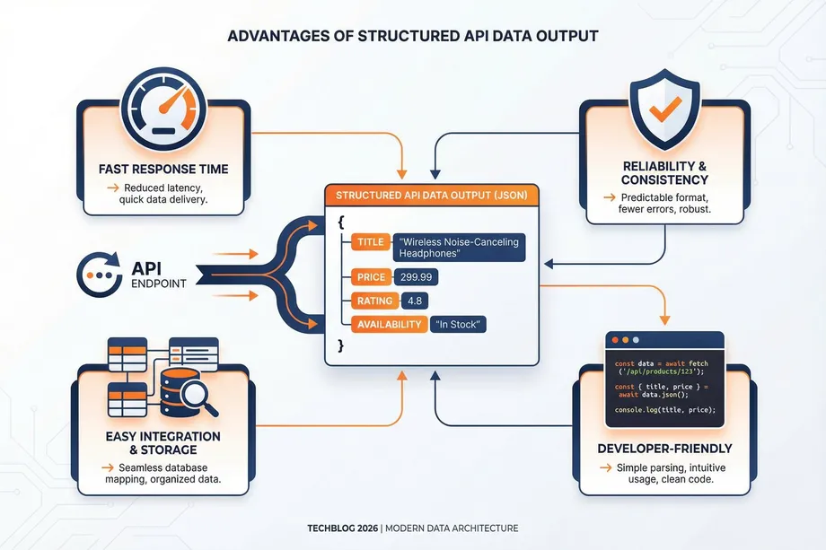 Infographic illustrating four advantages of structured API JSON data output fast response time, reliability and consistency, easy integration and storage, and developer-friendly code centered around a sample JSON response with title, price, rating, and availability fields.