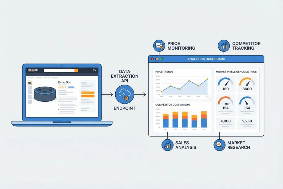 Illustration of a data extraction API workflow where an e-commerce product page feeds through an endpoint into an analytics dashboard showing price trends, competitor comparison charts, and market intelligence metrics for price monitoring, competitor tracking, sales analysis, and market research.