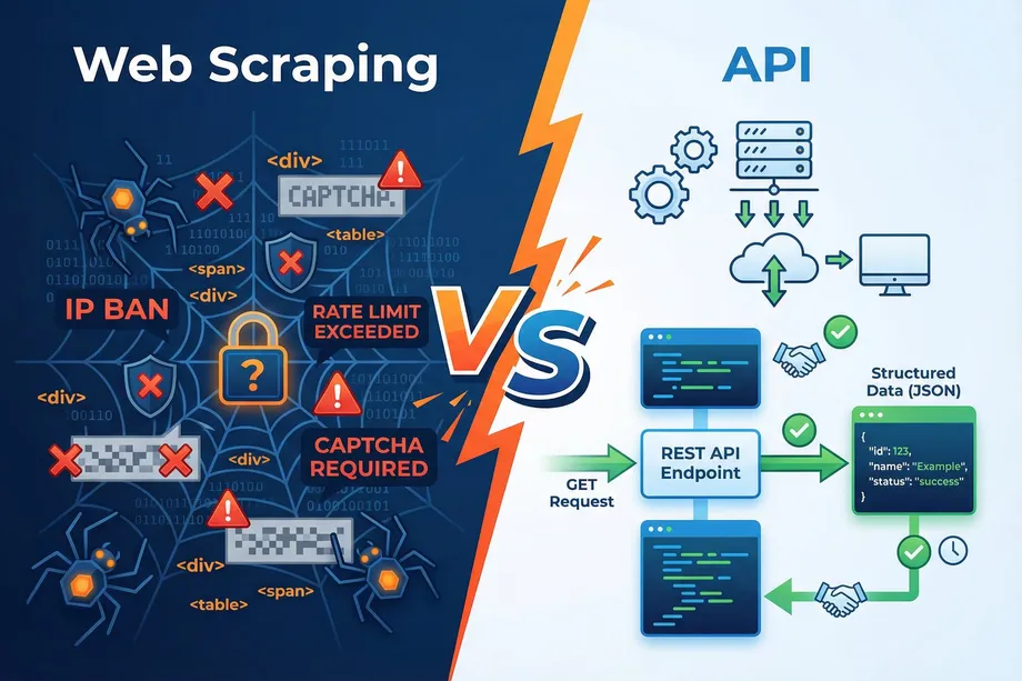 Illustration comparing web scraping challenges such as IP bans, rate limits, and CAPTCHA requirements against a clean API workflow showing a GET request flowing through a REST endpoint to deliver structured JSON data.