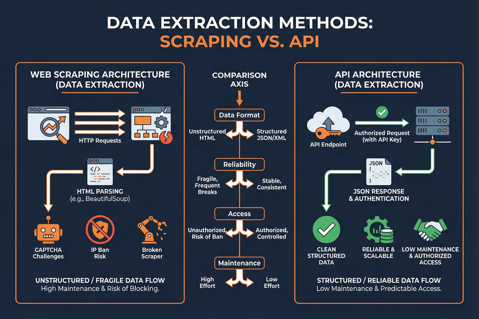 A visual comparison of Web Scraping vs API architectures for data extraction
