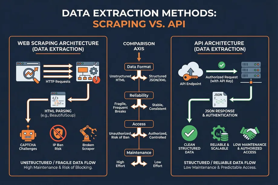 Infographic comparing web scraping and API data extraction architectures across four criteria data format, reliability, access, and maintenance showing scraping produces fragile unstructured HTML with CAPTCHA and IP ban risks, while API delivers structured JSON with authorized, low-maintenance access.