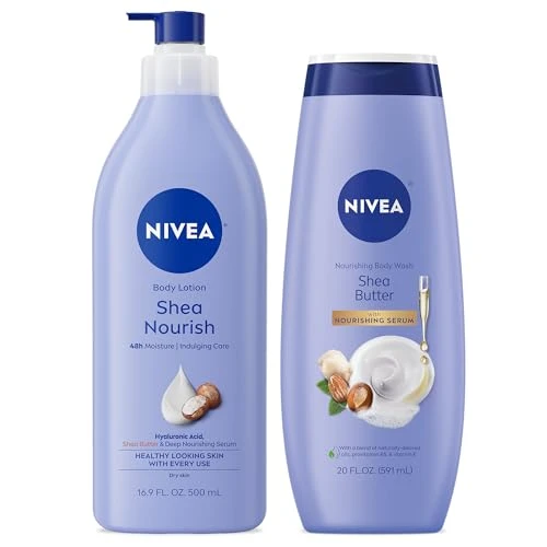 NIVEA Shea Nourish Body Lotion (16.9 Fl Oz) Nourishing Shea Butter Body Wash (20 Fl Oz) Nourishing Skin Care Set with Shea Butter